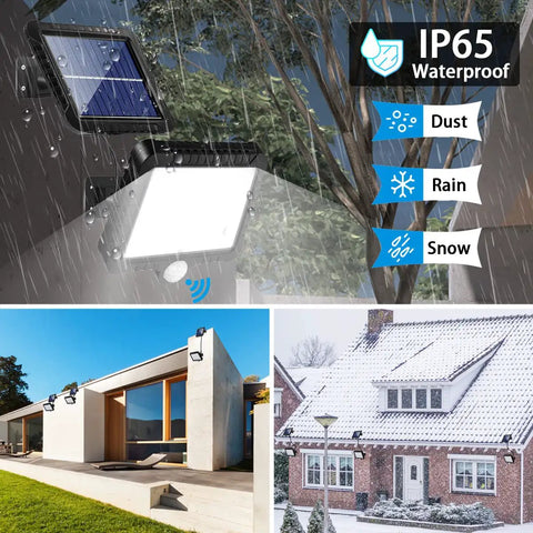 Outdoor Solar Motion Lights With 56 LED, IP65 Waterproof, 120 Degree Lighting Angle, installed on buildings in various weather conditions.