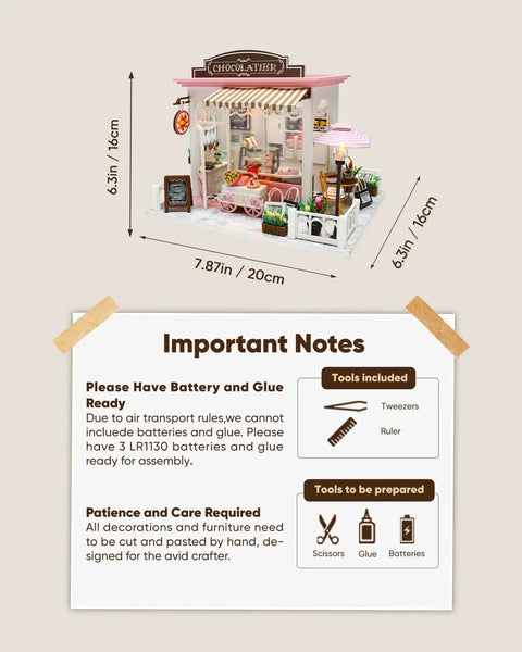 Chill DIY Dollhouse Kit For Beginners And Adults, Chocolate Shop Miniature House with precise wood measurements and notes