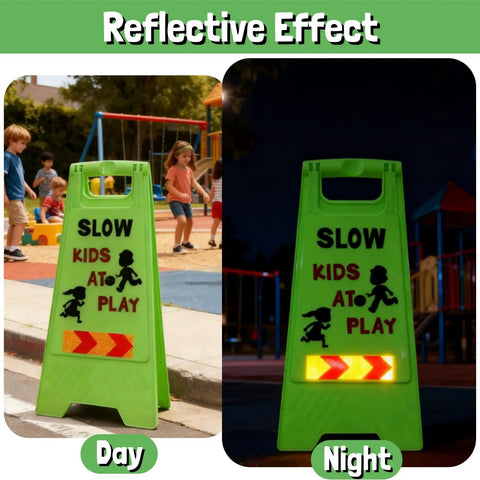Three Pack Kids Playing Signs For Street Reflective Slow Down Alert Sign With Double Sided Text Graphics shown day and night