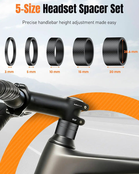 Heavy Duty Pro Grade Bicycle Headset Press Tool With Aluminum Alloy Construction And Anodized Finish For Pressing In Headset Cups And Bottom Brackets Compatible With Most Headset Systems Includes One And One Eighth Inch Carbon Fiber Spacers In Five Sizes shown with bike stem and spacers in 3mm, 5mm, 10mm, 15mm, 20mm sizes