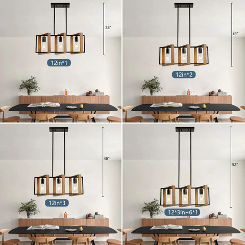 Modern Farmhouse 23.6 Inch Kitchen Island Light With Three Lights, E26 Base, wood frame and metal body, four height adjustments.