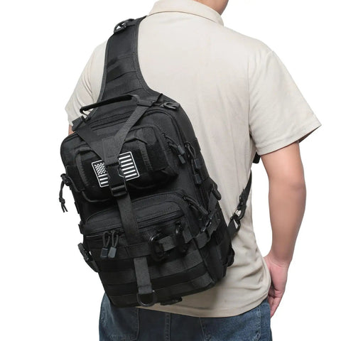 Rugged Tactical Sling Bag For EDC Gear Crossbody Chest Pack With MOLLE System 600D Nylon Water Resistant Dual D Rings US Flag Patch Black Edition For Daily Use worn crossbody on person