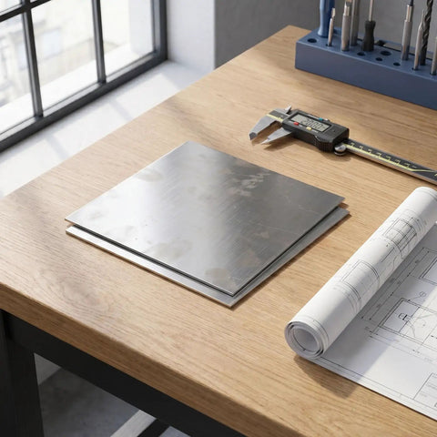 Stainless Steel Square Plate 200x200x2mm Flat Metal Sheet For Cutting With Smooth Mill Finish on a wooden desk