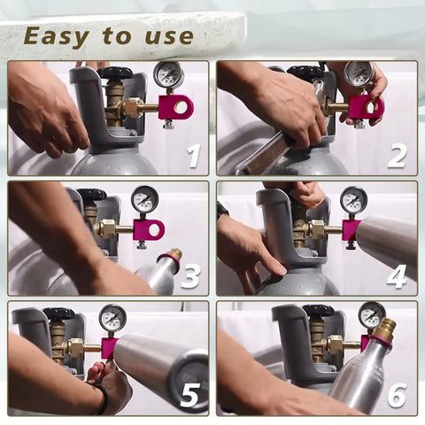 Step-by-step use of Purple Upgrade Soda Refill Adapter For 60L Pink CO2 Cylinders with pressure gauge, showing refilling process.