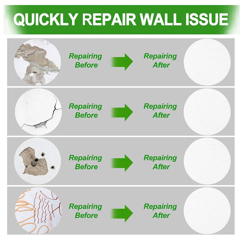 EZ Drywall Patch Kit With Waterproof Spackle And Heavy Duty Wall Mender For Quick Home Fixes showing before and after wall repairs.
