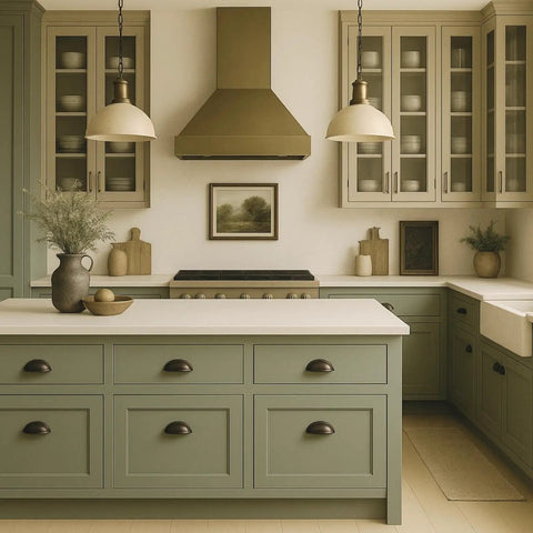 Kitchen with classic farmhouse cabinets featuring 76.2mm Brushed Nickel Cup Pulls for cabinets and drawers.