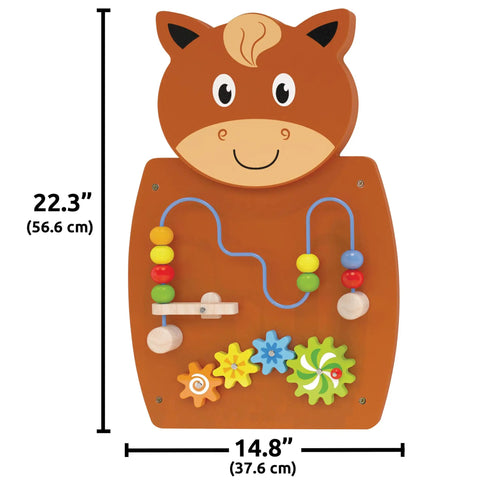 Horse Themed Activity Wall Panel With Two Interactive Activities For Toddlers shown with dimensions.