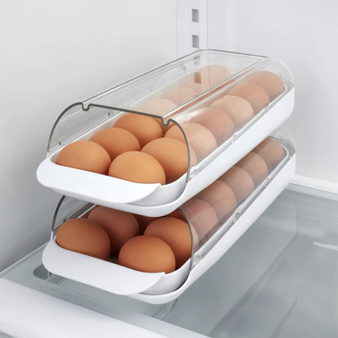 Rolling Egg Holder Organizer For Fridge, BPA-Free Stackable Dispenser With Removable Tray, Holds 12-14 Eggs, See-Through Top