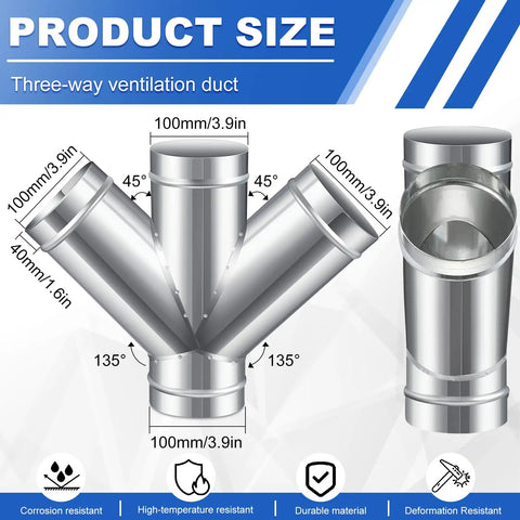 Front view of 4 Inch W Shaped Dust Collection Fitting Heavy Duty Galvanized Steel 4 Way Duct Splitter Vent Connector dimensions