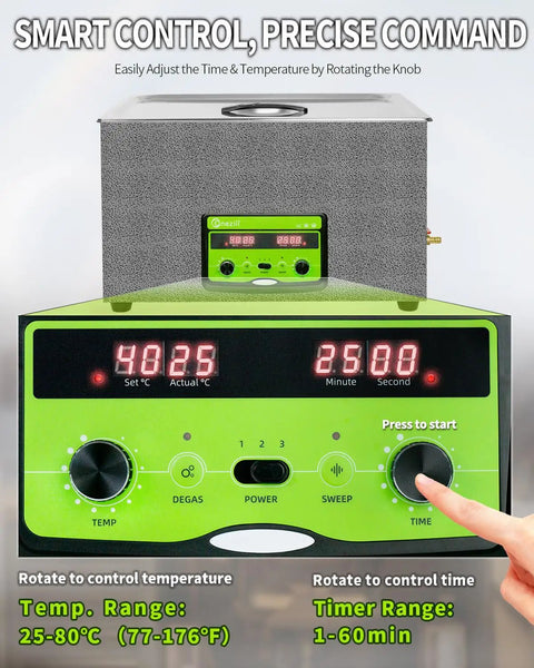 Industrial Ultrasonic Cleaner 30L 600W With Adjustable Power, Sweep And Degas control panel detail with temperature and time settings.