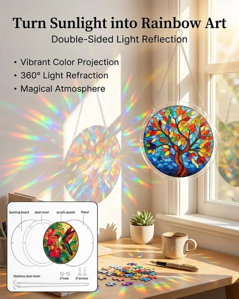 Acrylic Jigsaw Puzzle Suncatcher Kit 83 Piece DIY Sun Catcher hanging by window creating rainbow effect, Style 4, 7.4 inch.