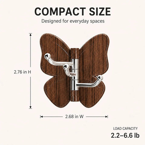 2 Pack Rotating Adhesive Wall Hooks With Rugged Wood Grain Finish Flexible Swivel design, measuring 2.76 in H and 2.68 in W.