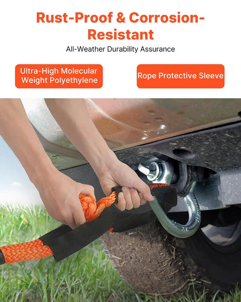 Two Pack 1/2 Inch By 22 Inch Synthetic Soft Shackles With 20 Ton Breaking Strength in use on vehicle with protective sleeve.