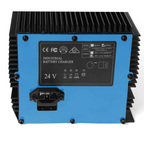 Top Shelf Heavy Duty 24 Volt 25 Amp Automatic Battery Charger For Scissor Lifts side view showing charging specifications and connectors.