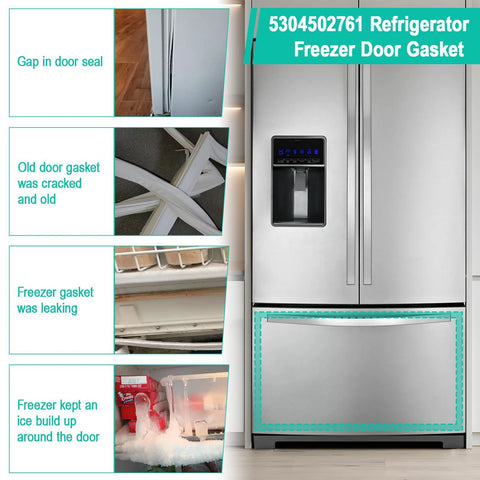 Installed refrigerator door gasket on stainless steel French-door fridge with bottom freezer (turquoise outline)