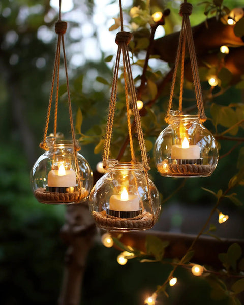 Hanging glass jars with Bulk 100 LED Tea Lights Battery Operated Flameless Tealights With Realistic Flicker outdoors