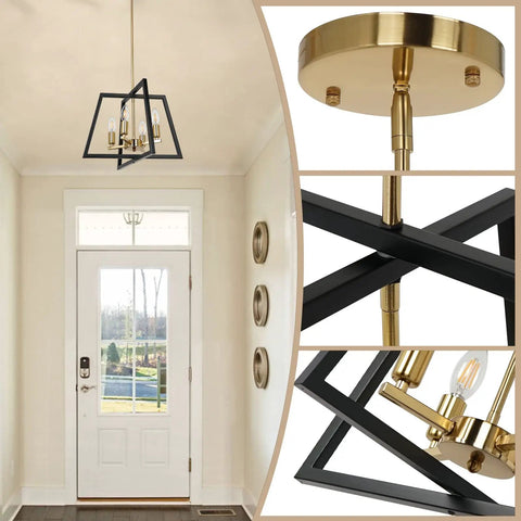 Black Brass Farmhouse Lantern Chandelier 4 Light Pendant With Bird Cage Frame Gold Finish Modern Industrial Foyer Lighting