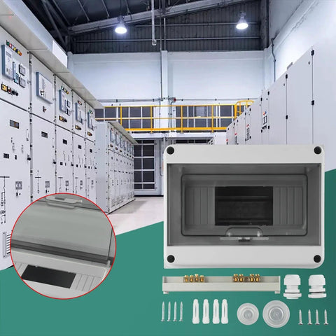Dang Tough Surface Mounted Distribution Box With Eight Circuit Slots Hella Weatherproof Ip65 Rating Heavy Duty Abs Housing For Indoor And Outdoor Electrical Jobs No Sweat Pre Drilled Wall Mounting Kit displayed in a warehouse setting.
