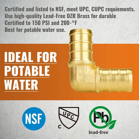 Image of a no lead brass 1/2 inch PEX 90 degree elbow fitting on certification display, ideal for potable water use. 100 Pack Half Inch PEX 90 Degree Elbow Fittings No Lead Brass NSF ANSI 61 Certified UPC Listed Pro Grade Plumbing Connectors For Home DIY And Pro Projects