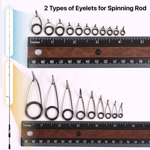 Top Notch Spinning Rod Guide And Tip Repair Kit Featuring Rock Solid Stainless Steel Eyelets, showcasing two types of eyelets with ruler.