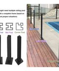 Matte Black Glass Railing System With Durable Stainless Steel Balustrade and Glass Panels for Indoor and Outdoor Use, showcasing end, mid, and corner posts.