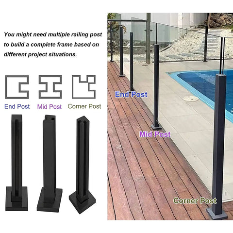 Sleek Matte Black Glass Railing Posts With Heavy Duty Stainless Steel Cores For Indoor Outdoor Decks Balconies And Pools showcasing end, mid, and corner posts.