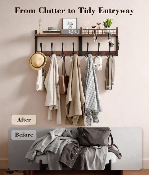 29 Inch Modular Coat Rack Wall Mount With Shelf And Seven Triple Hooks Straight Up Designed To Handle Your Daily Grind Keep Entryway Neat While Grabbing Coats Jackets And Bags On The Fly Brown arranged with hats and jackets.