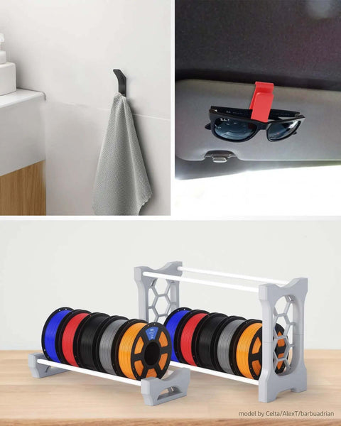 Rack of various colored 3D printer spools including PETG Filament 1.75Mm Black 1Kg Spool For Most FDM 3D Printers