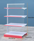 Rock Solid Double Sided Retail Display Rack And Heavy Duty Commercial Shelving Unit For Grocery Stores Adjustable 4 Tier Metal Workhorse In Bright White Finish with red accents.