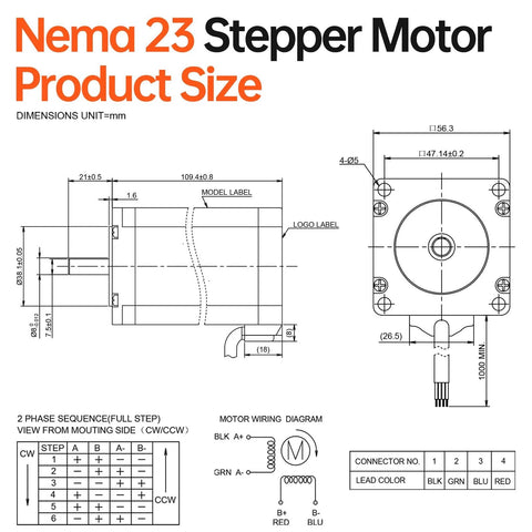 Technical diagram of NEMA 23 high torque stepper motor with dimensions, wiring instructions, and product size details for CNC and robotics.