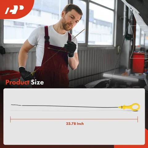 Mechanic using 2.0L 4 Cylinder Engine Oil Dipstick for Audi and VW, shown next to size chart, 23.78-inch stainless steel dipstick.