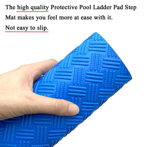 Person holding blue 36 Inch By 9 Inch Non Slip Pool Ladder Pad Mat With Protective Cushion Between Ladder Base And Pool Liner