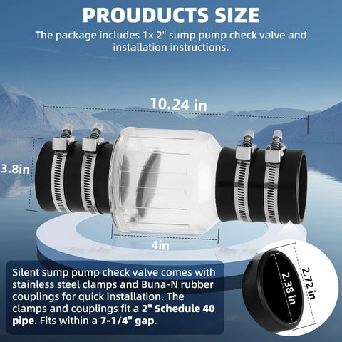 2-inch silent PVC check valve with clear body and stainless clamps, Amazon brand, front view