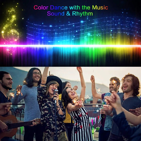 Group of people enjoying a rooftop party with 150 Foot RGB LED Strip Lights With Music Sync App Control And Remote Color Changing LED Tape