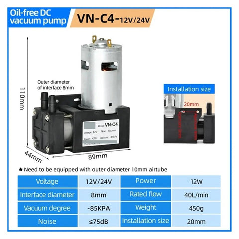 Compact 40L Min Mini Dc Vacuum Pump With Negative Pressure Suction Piston Cupping Oil Free And Maintenance Free Small Vacuum Pump For High Efficiency Home Use VN C4 Dc12 Model specifications displayed with dimensions and power details.