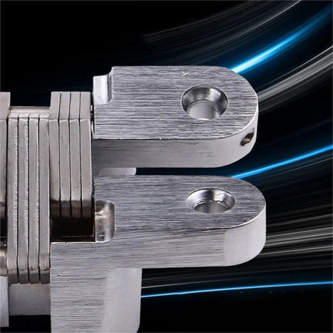Close-up image of Two Piece Set Premium 304 Stainless Steel Hidden Cabinet Hinges for concealed door hardware.