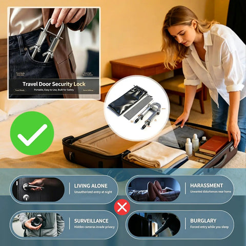Built Tough Portable Door Lock For Outward Opening Doors Stainless Steel Road Ready Travel Security For Hotels And Vacation Rentals Solid Kickproof Backup Guard shown in suitcase with safety details.