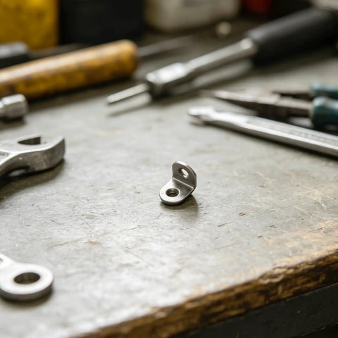Close-up of a stainless steel right angle bracket from the 40 piece set with screws for wood and wall shelves, on a workbench.