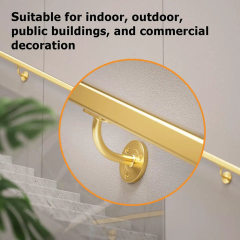 Top Shelf Heavy Duty Two Pack Stainless Steel 304 Wall Mount Handrail Brackets For Wood And Metal Stair Railings close-up on gold mount.