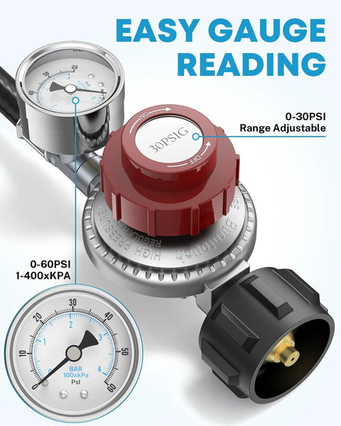 Front view Kohree propane regulator with hose, 4 ft, red cap, dual gauges 0-60 PSI/0-30 PSI, 3/8 flare