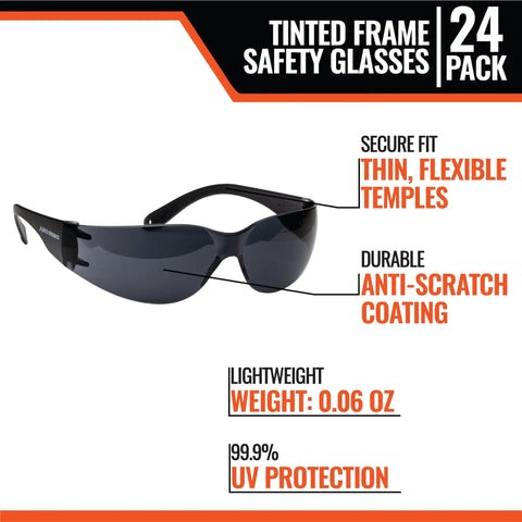 Tinted Safety Glasses 12 Pack ANSI Z87 Plus UV Eye Protection with anti-scratch coating and flexible temples, lightweight design.