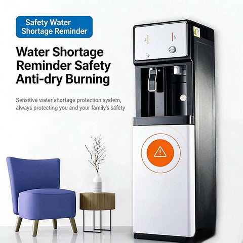 Bottom Loading Floor Standing Water Dispenser With Three Temperature Settings Hot Cold And Room Temp For Coffee Tea Or Daily Hydration No Hassle Heavy Jug Swap, black and white design with safety alert feature.
