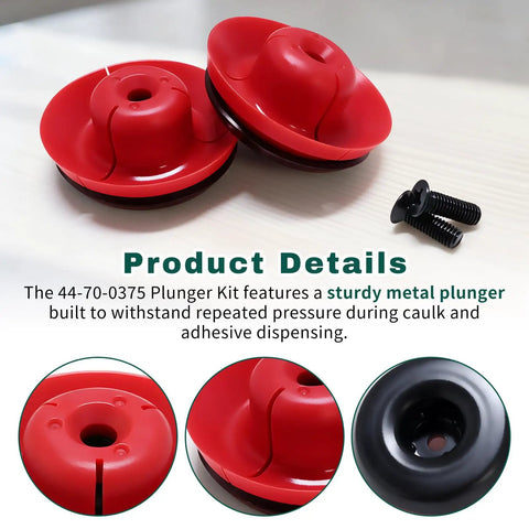 Heavy Duty Metal Plunger And Screw Replacement Kit For 20 Oz Sausage Barrel Caulk Guns with red plungers and screws.