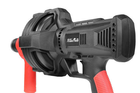 Close-up of a black and red 25 Foot Handheld Portable Drain Auger Corded Operation Snake For Toilet Sink Bathtub And Kitchen Clog Cleaning