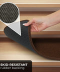 Hand demonstrating the rubber backing of a Set Of 15 Skid Resistant Carpet Stair Treads In Chocolate Brown 8 Inch By 27 Inch for non slip steps.