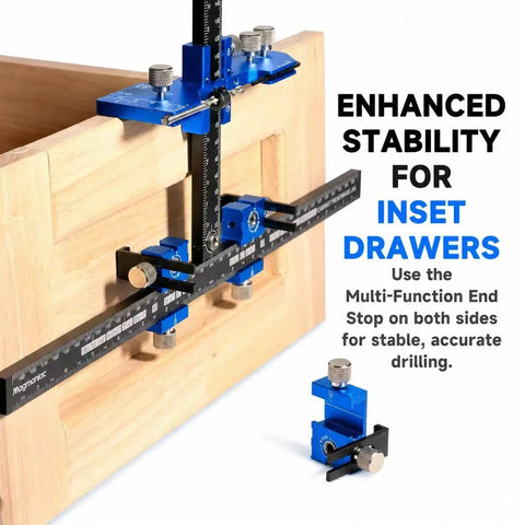 Professional Cabinet Hardware Jig With Micro Adjustment Slider And Drill Bit Storage For Nailing Drawer Pull Placement Right On The Money Smooth DIY Woodworking Alignment Tool That Saves Your Knuckles featuring enhanced stability for inset drawers.