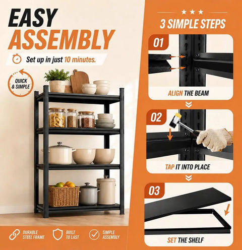 4 Tier Bolt Free Kitchen Storage Shelves With Adjustable Detachable Metal Tiers, assembly steps shown next to stocked shelves