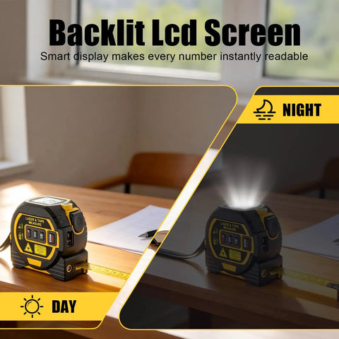 3 In 1 Laser Tape Measure With Digital Readout And LCD Display For Fast One Person Measurements At Home And On Job Sites Up To 197 Feet With Bright Sun Visible Laser And Simple One Handed Use, backlit LCD screen day and night
