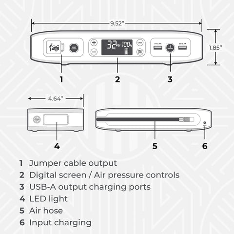 Diagram of All In One Bolt Air 58830 Portable Car Jump Starter With 100 PSI Air Compressor, 58.8Wh USB Power Bank, Emergency Floodlight