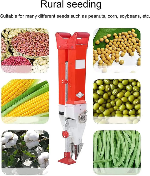 Portable Manual Seed Planter For Home Garden, Double Tube Handheld Seeding Tool with images of seeds and plants